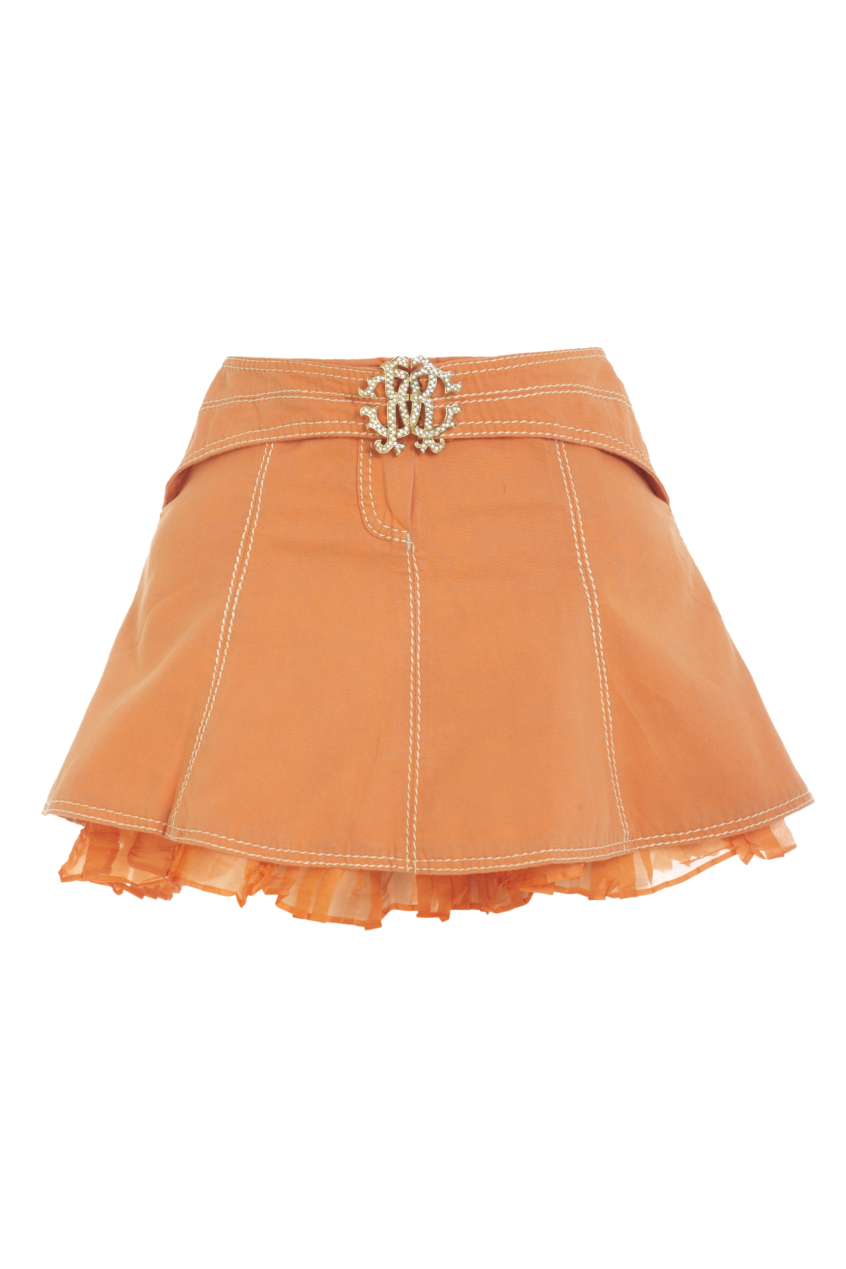 Roberto Cavalli orange distressed denim skirt with white stitch details