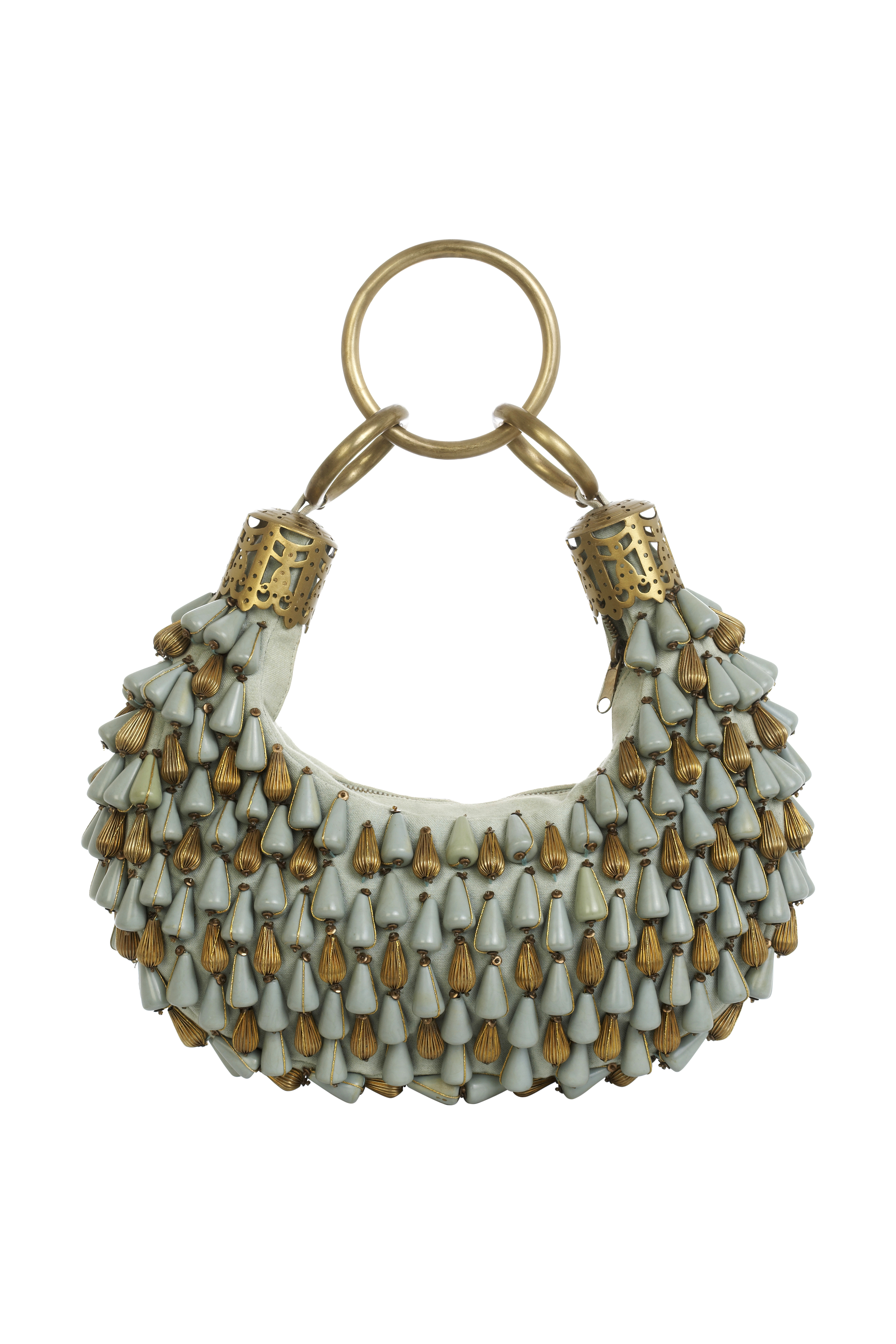 Chloe moss green and gold beaded bag with bronze ring handle